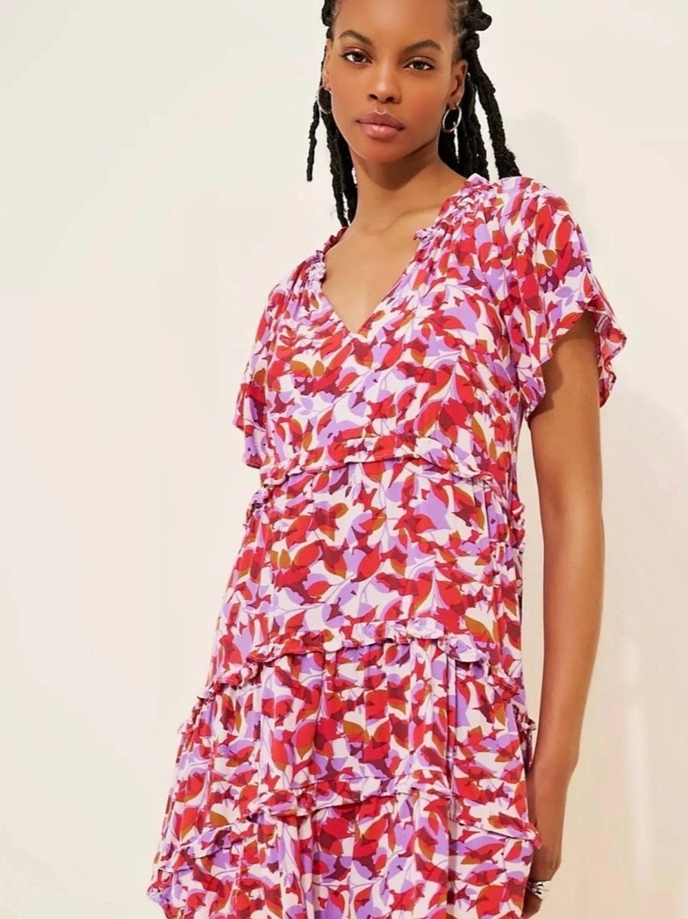 Anthropologie Robin Tiered Mini Dress Medium Red Purple Floral Ruffle Boho